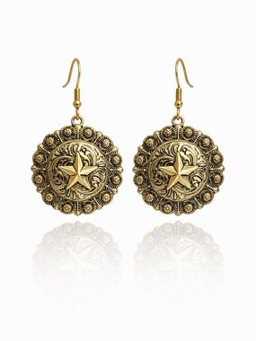 Gold Metallic Star Medallion Drop Earrings